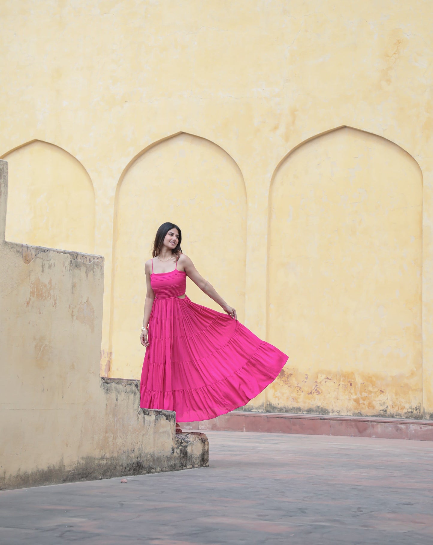 Moonstruck - Side waist cut-out hot pink tier maxi