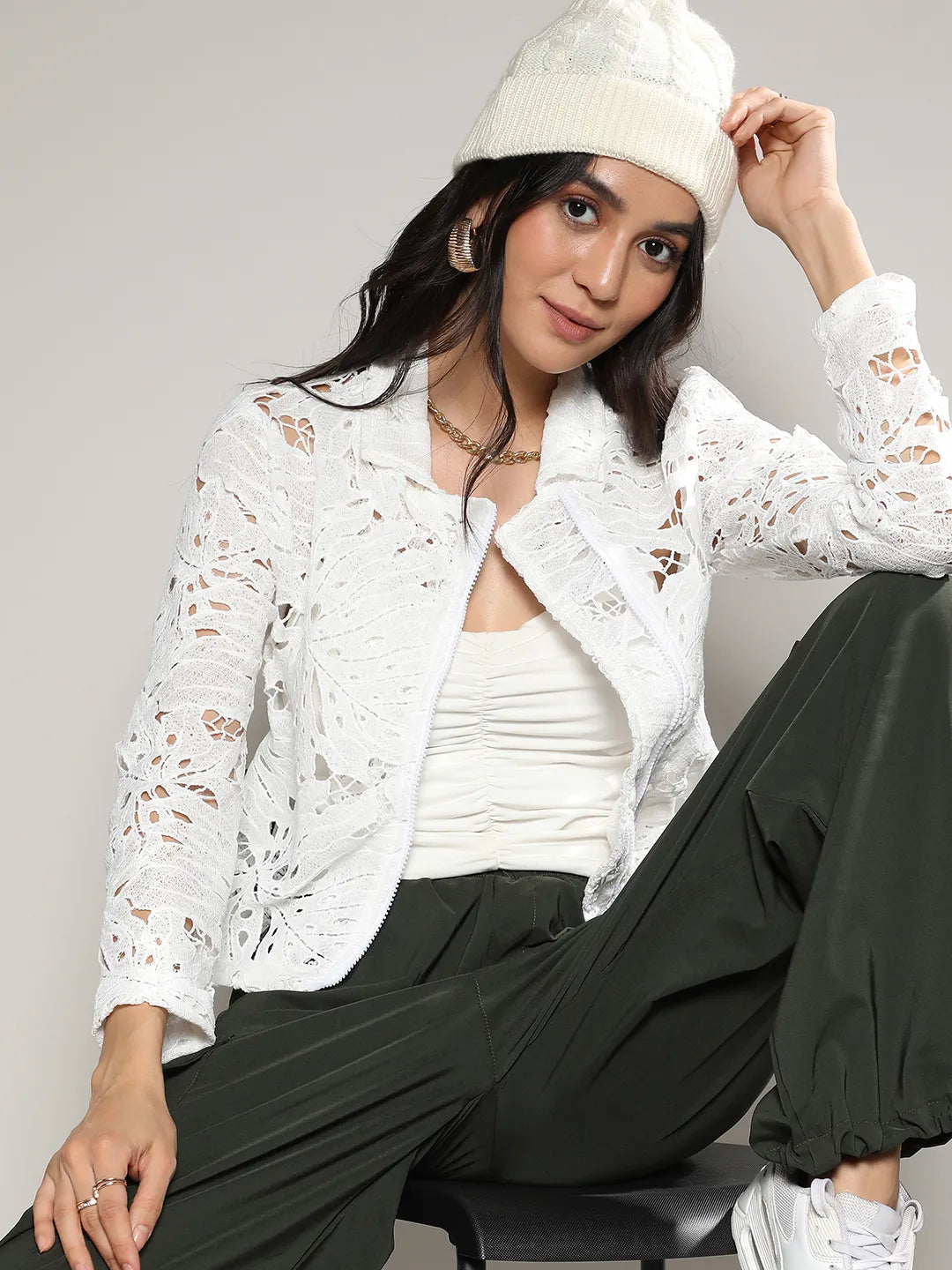 Campus Sutra - White Self-Design Botanical Jacket