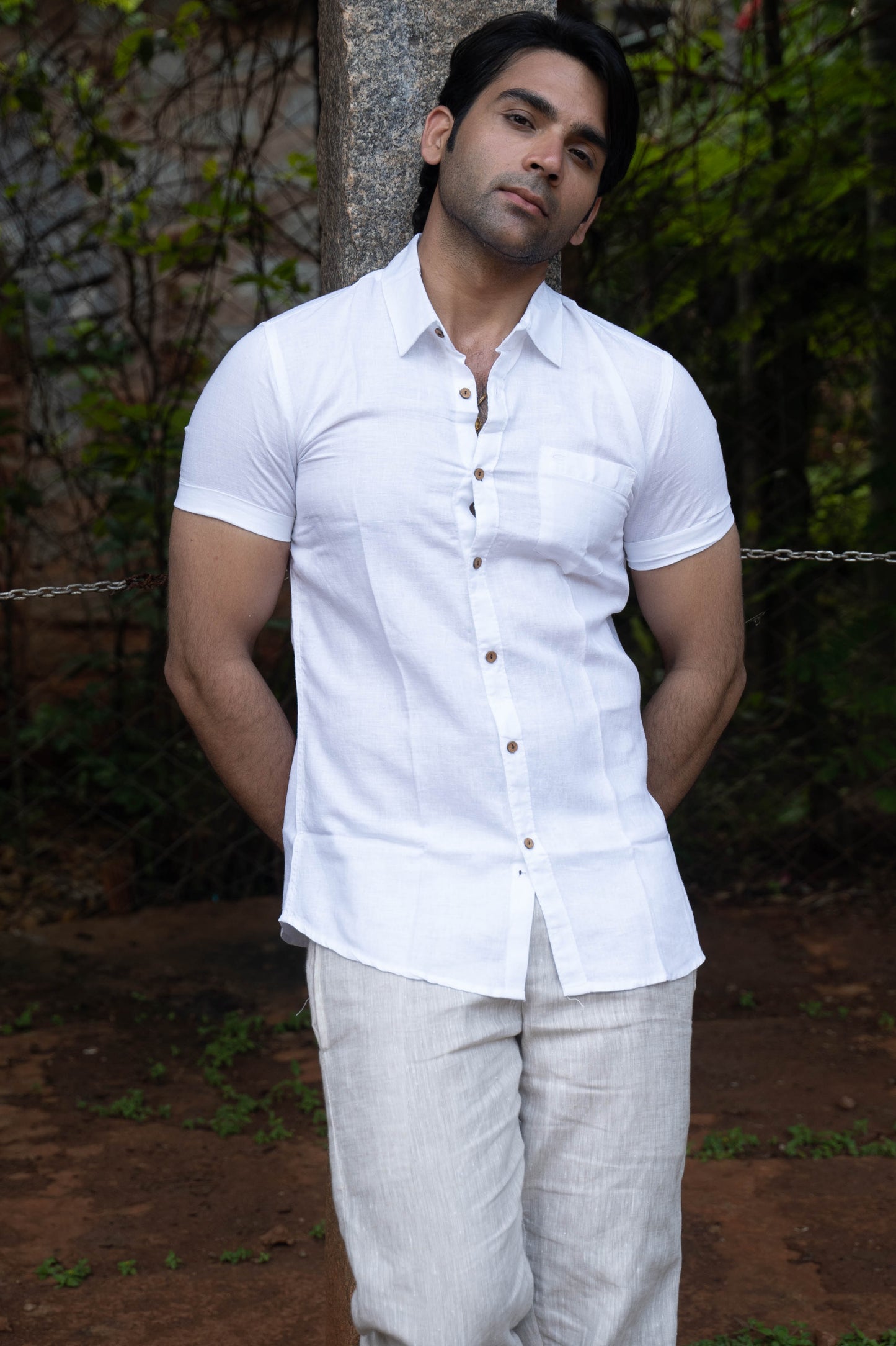 Ecentric - Men White Hemp Casual Half Sleeve Shirt