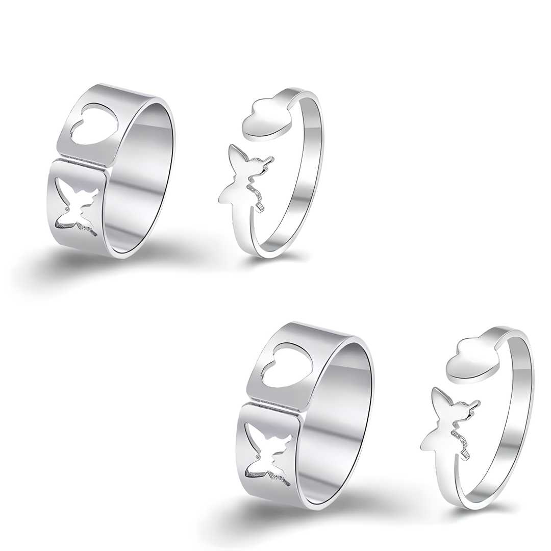 Combo of 2 Stylish Silver Plated Heart and Butterfly Couple Rings