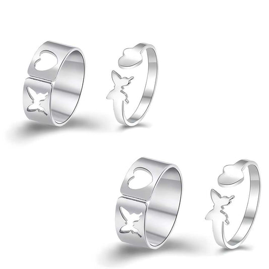Combo of 2 Stylish Silver Plated Heart and Butterfly Couple Rings