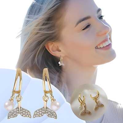 Cubic Zirconia Fishtail & Faux Pearl Decor Drop Earrings ( 1 Pair )