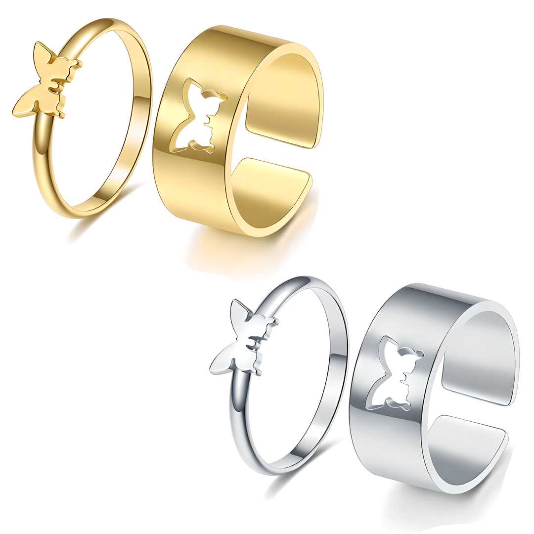 Combo of 2 Charming Gold and Silver Plated Butterfly Couple Rings