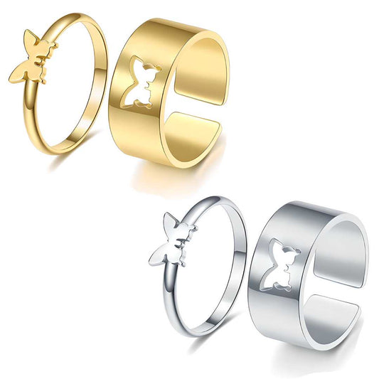 Combo of 2 Charming Gold and Silver Plated Butterfly Couple Rings