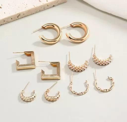 Combo of 5 Pair Geometric Twisted Chain Pearl Hoop Earrings