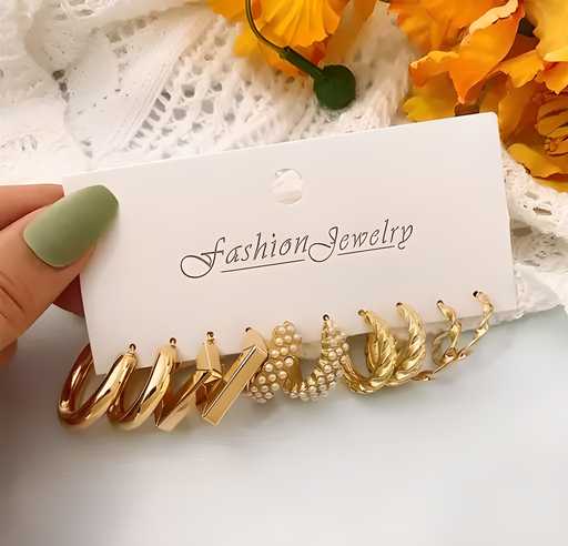 Combo of 5 Pair Geometric Twisted Chain Pearl Hoop Earrings