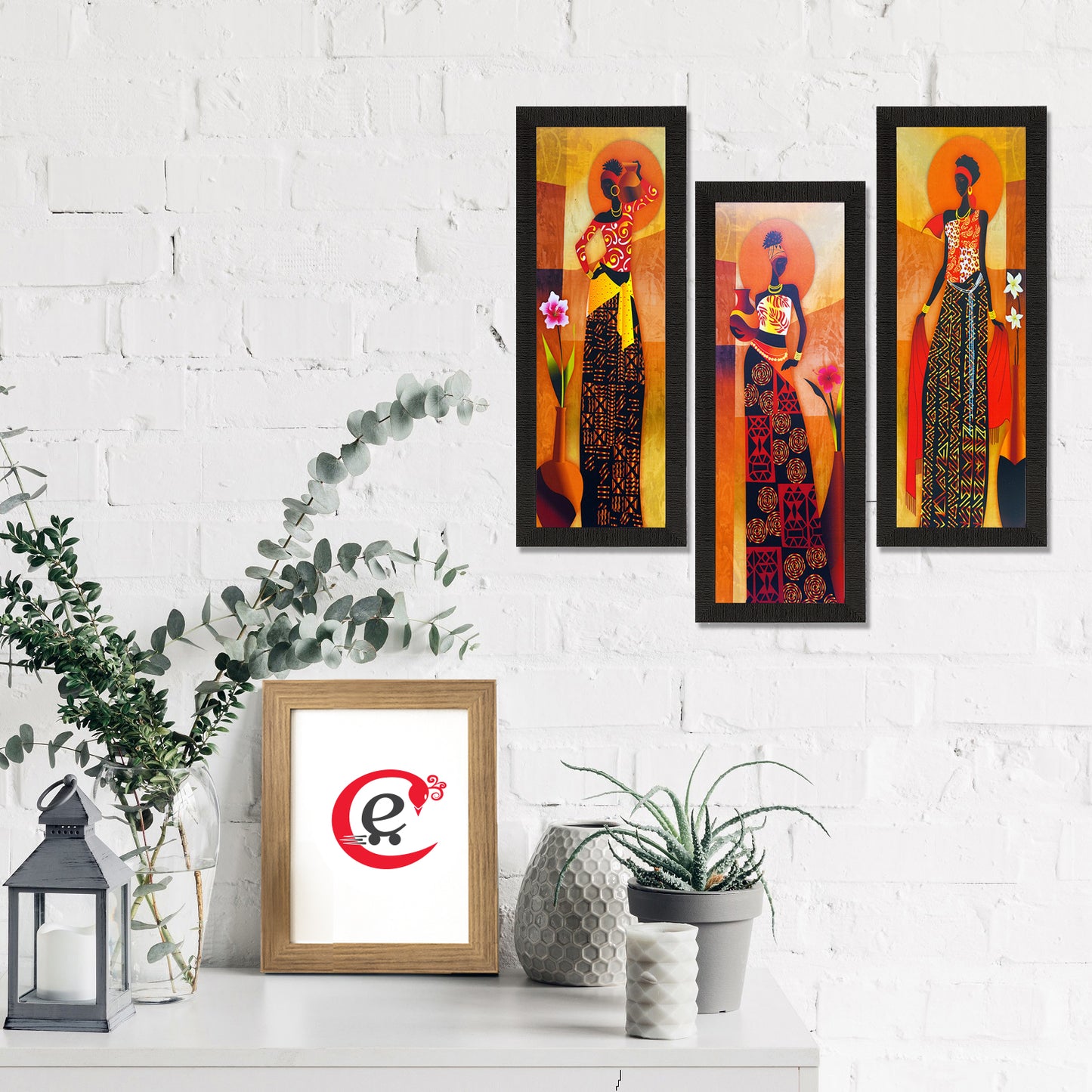 Set Of 3 Tribal Village Ladies Satin Matt Texture UV Art Painting