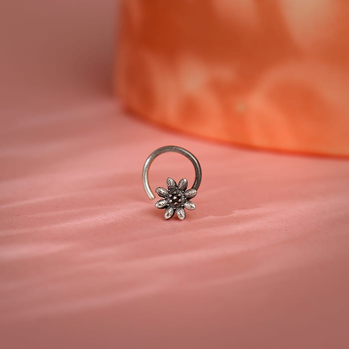 Oxidised Silver Flower Blossom Nose Pin | 925 Silver
