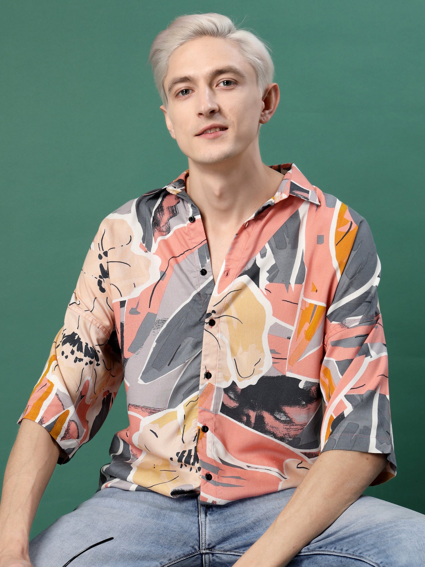 Rigo - Elegance Pink Foliage Print Oversized Rayon Shirt For Men