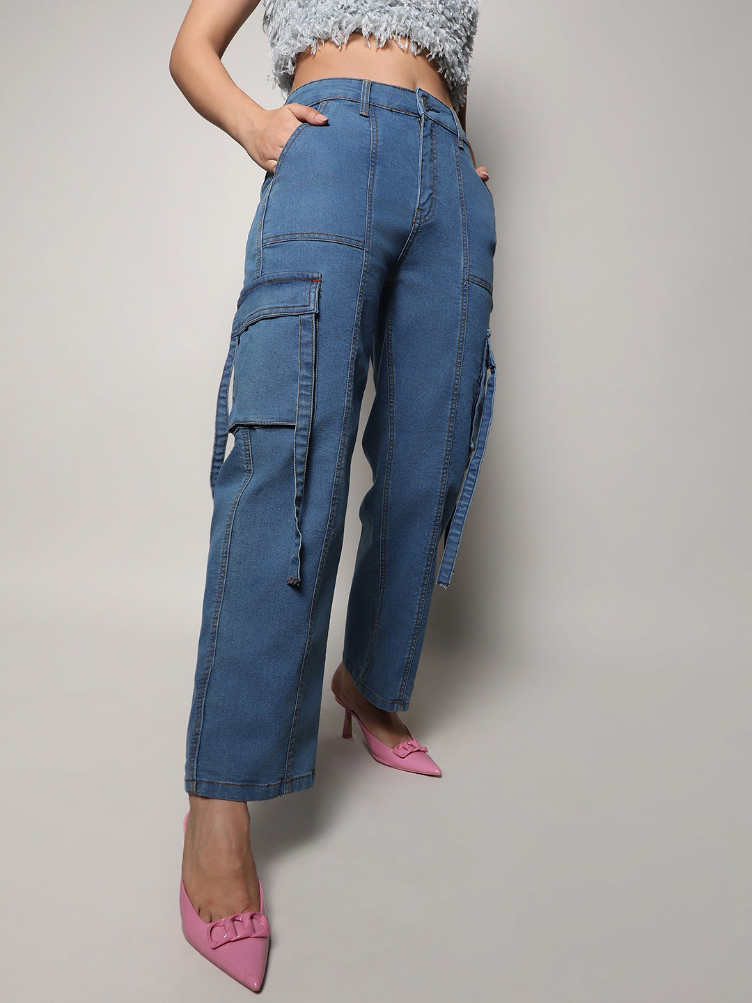 Campus Sutra - Prussian Blue Straight Fit Cargo Denim Jeans