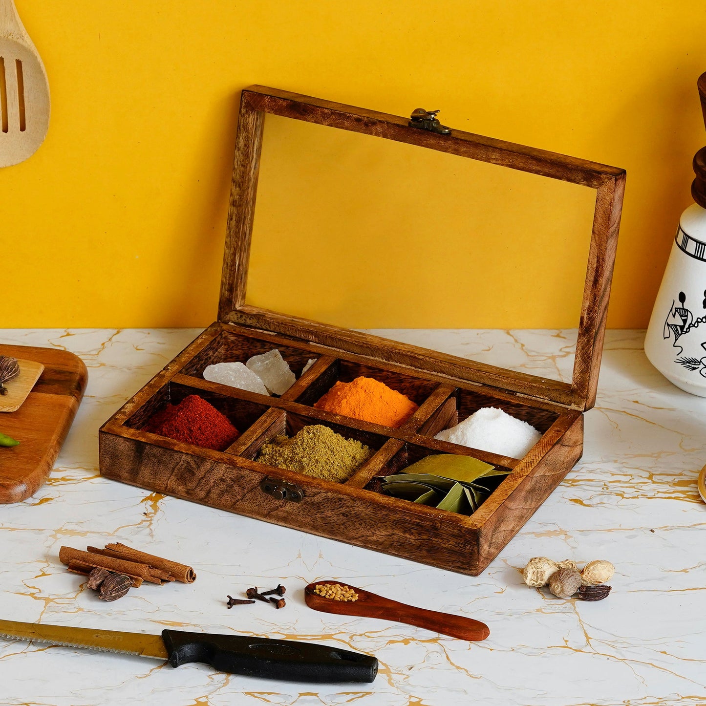 Brown 6 Compartments Rectangle Handcrafted Wooden Spice Box