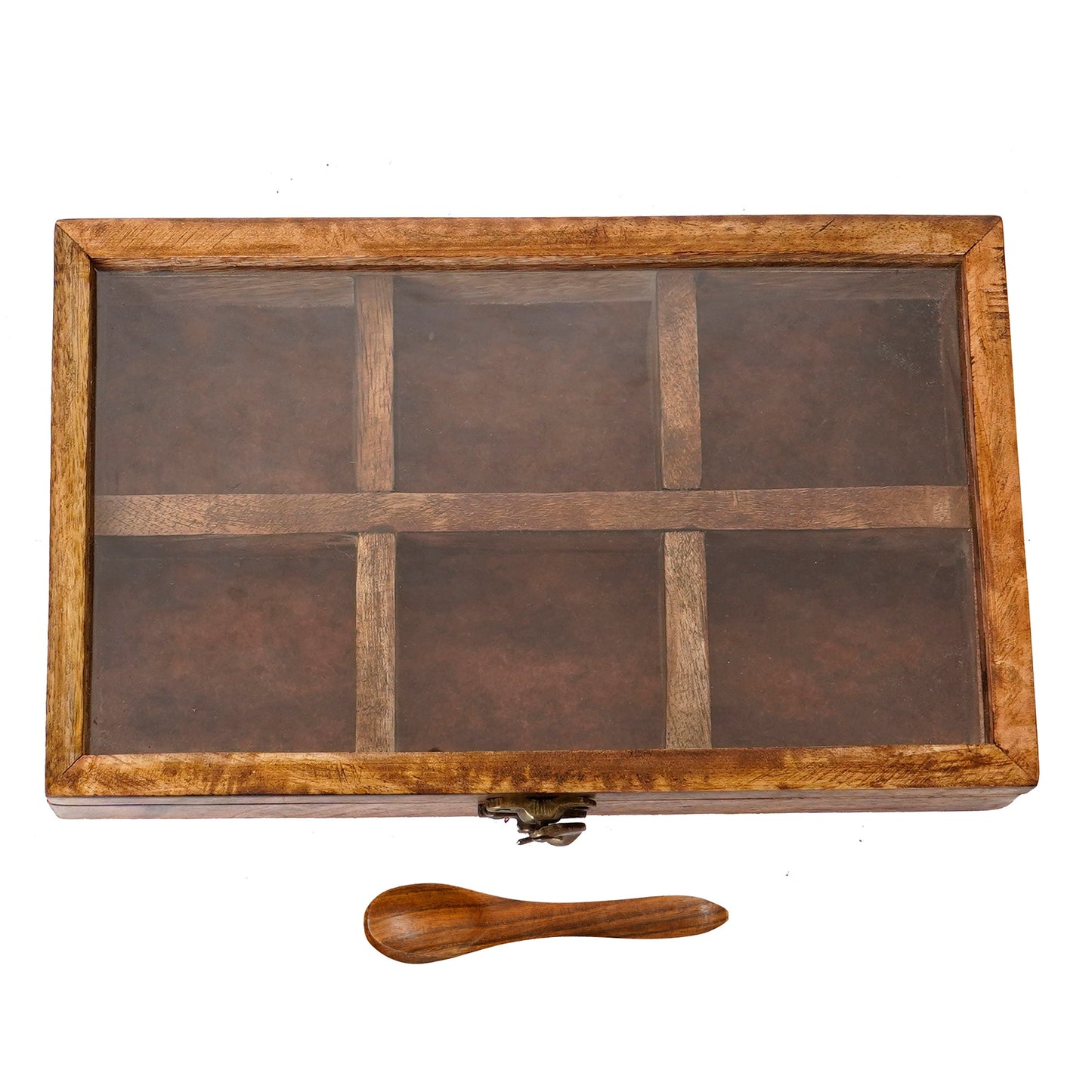 Brown 6 Compartments Rectangle Handcrafted Wooden Spice Box