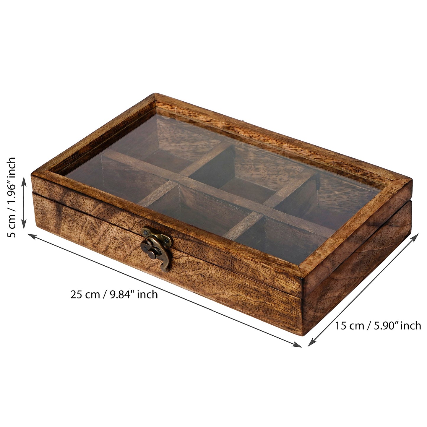 Brown 6 Compartments Rectangle Handcrafted Wooden Spice Box