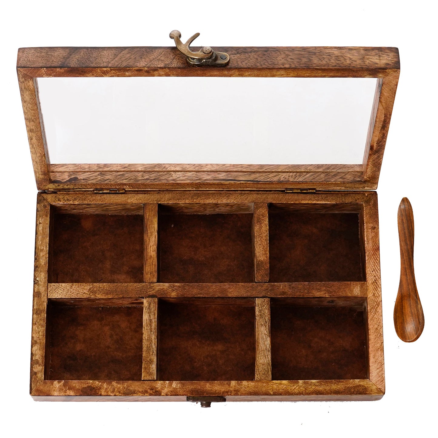 Brown 6 Compartments Rectangle Handcrafted Wooden Spice Box