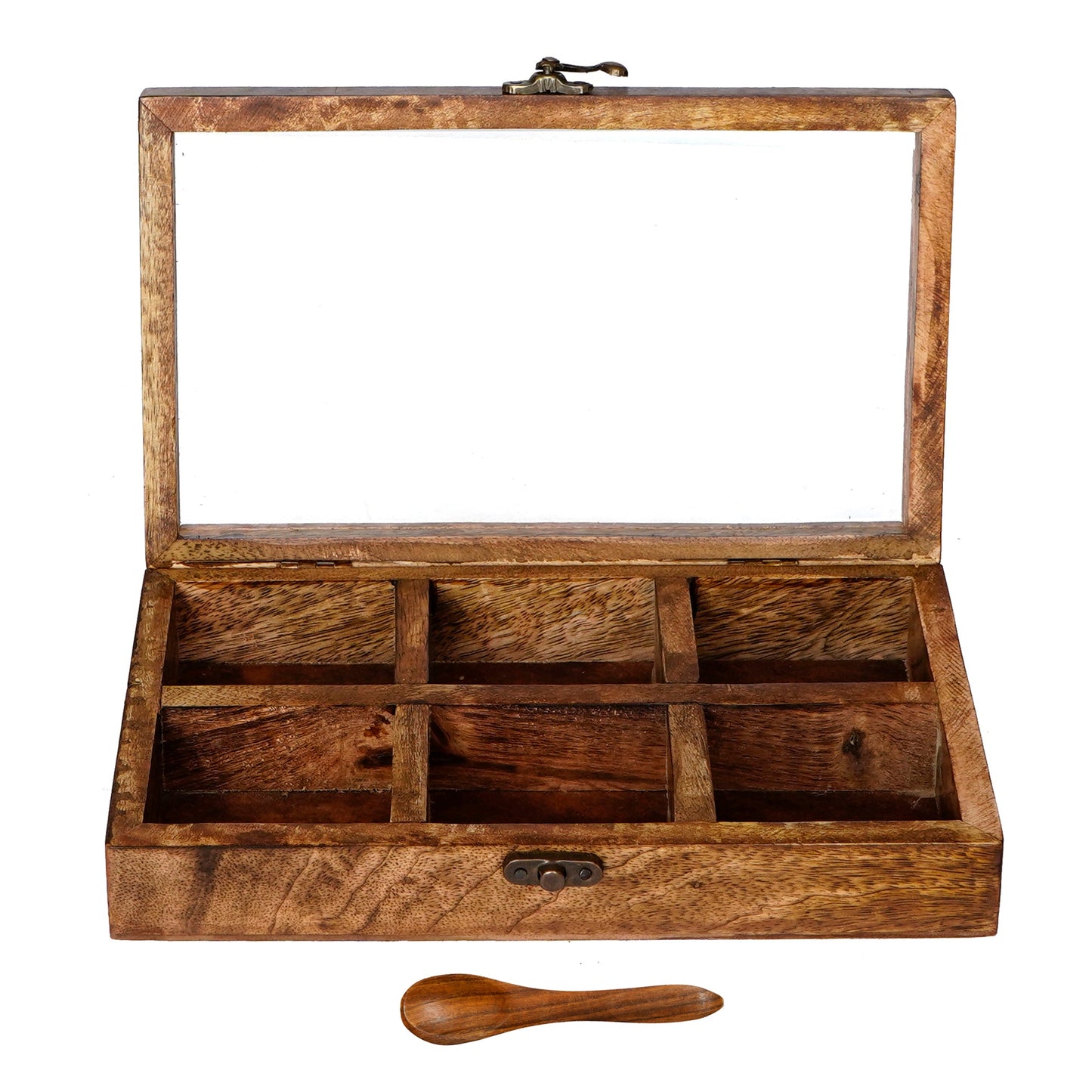 Brown 6 Compartments Rectangle Handcrafted Wooden Spice Box