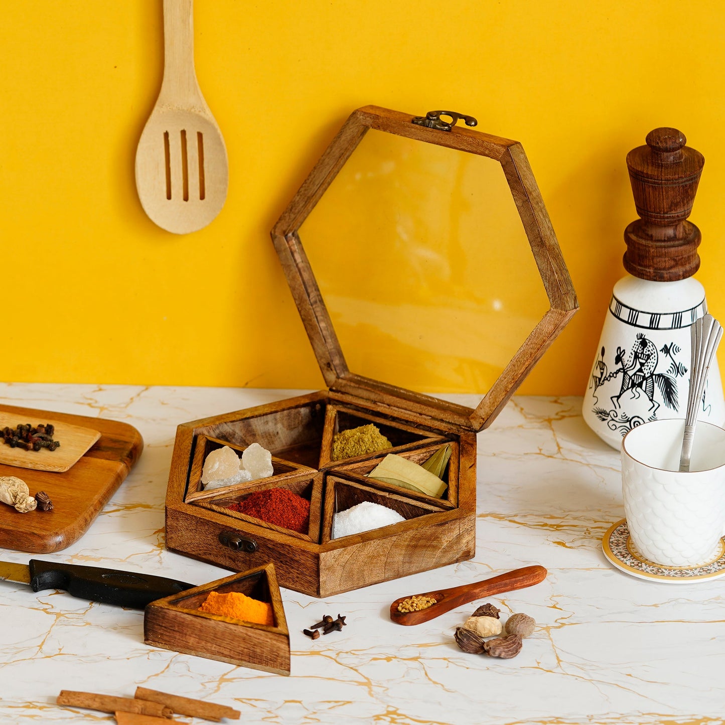 Brown 6 Triangle Compartments Handcrafted Wooden Spice Box