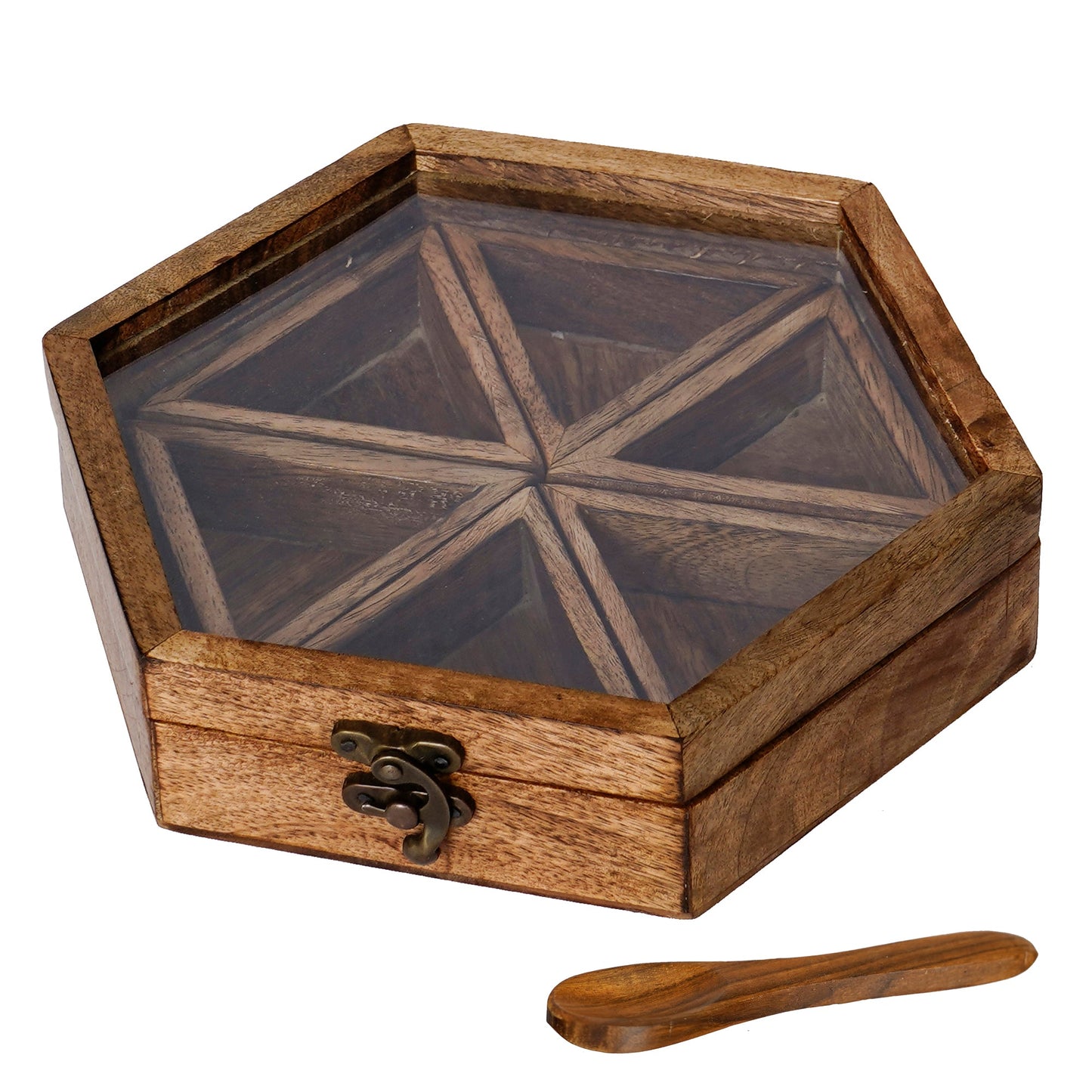Brown 6 Triangle Compartments Handcrafted Wooden Spice Box