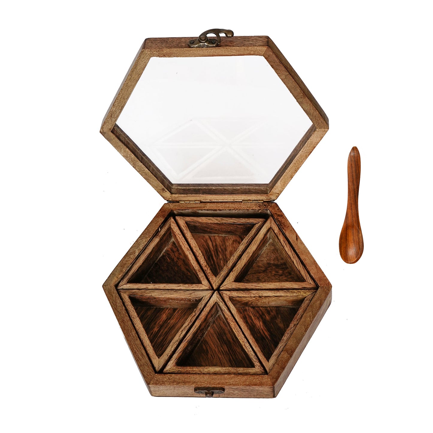 Brown 6 Triangle Compartments Handcrafted Wooden Spice Box