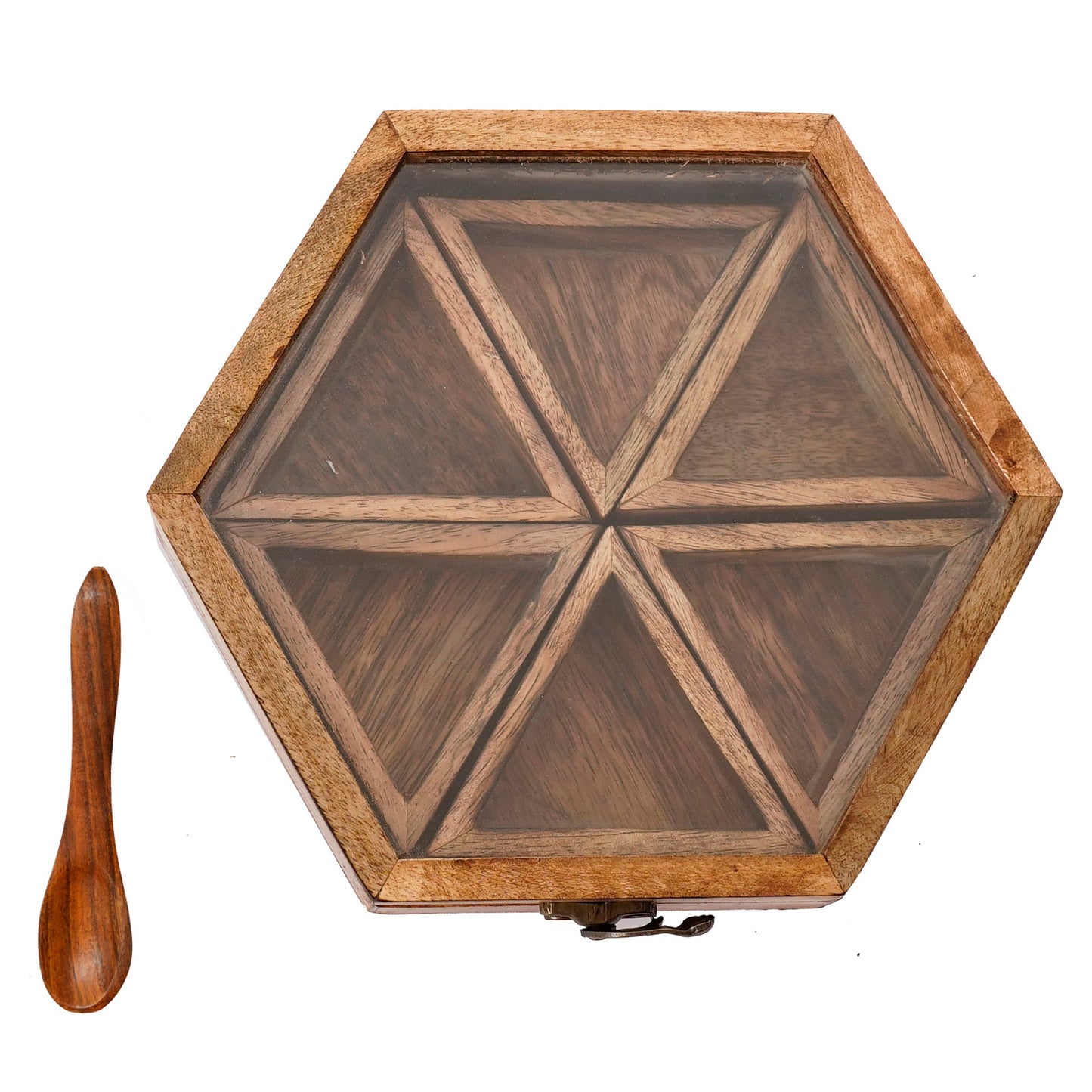 Brown 6 Triangle Compartments Handcrafted Wooden Spice Box