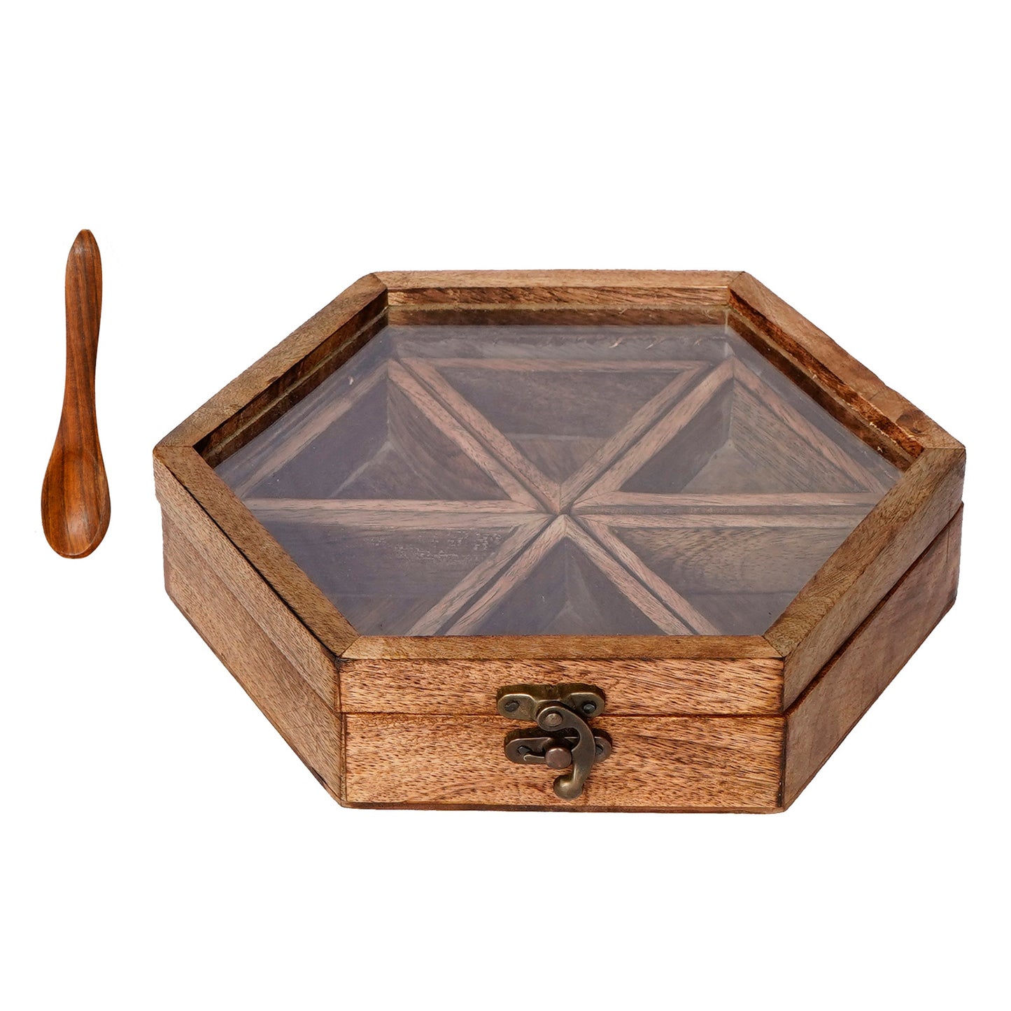 Brown 6 Triangle Compartments Handcrafted Wooden Spice Box