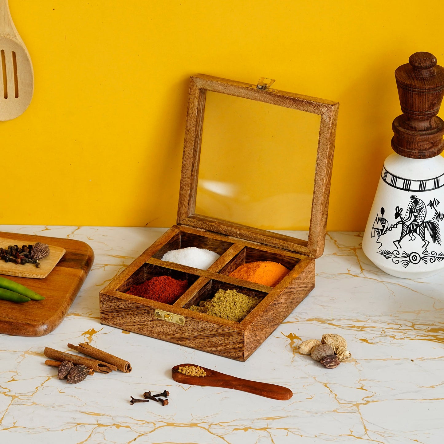 Brown 4 Compartments Square Handcrafted Wooden Spice Box