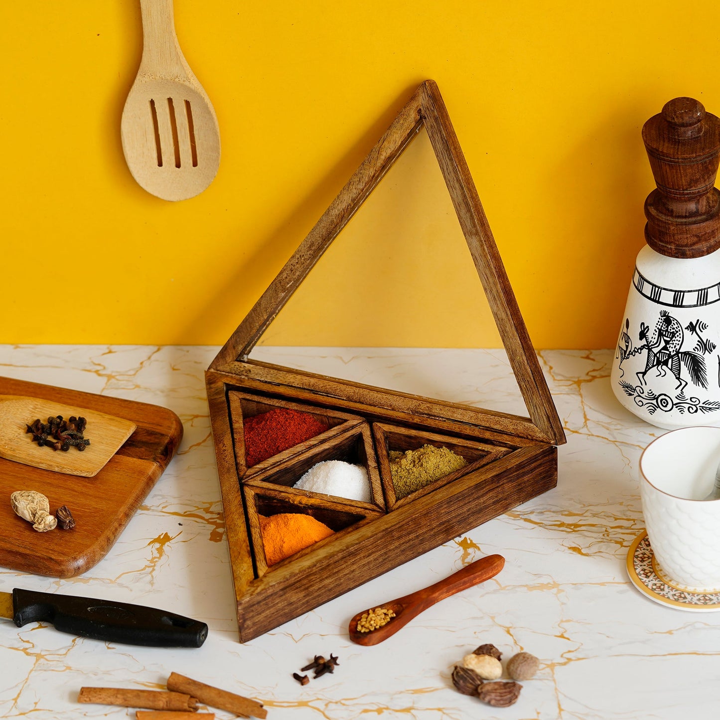 Brown 4 Triangle Compartments Handcrafted Wooden Spice Box