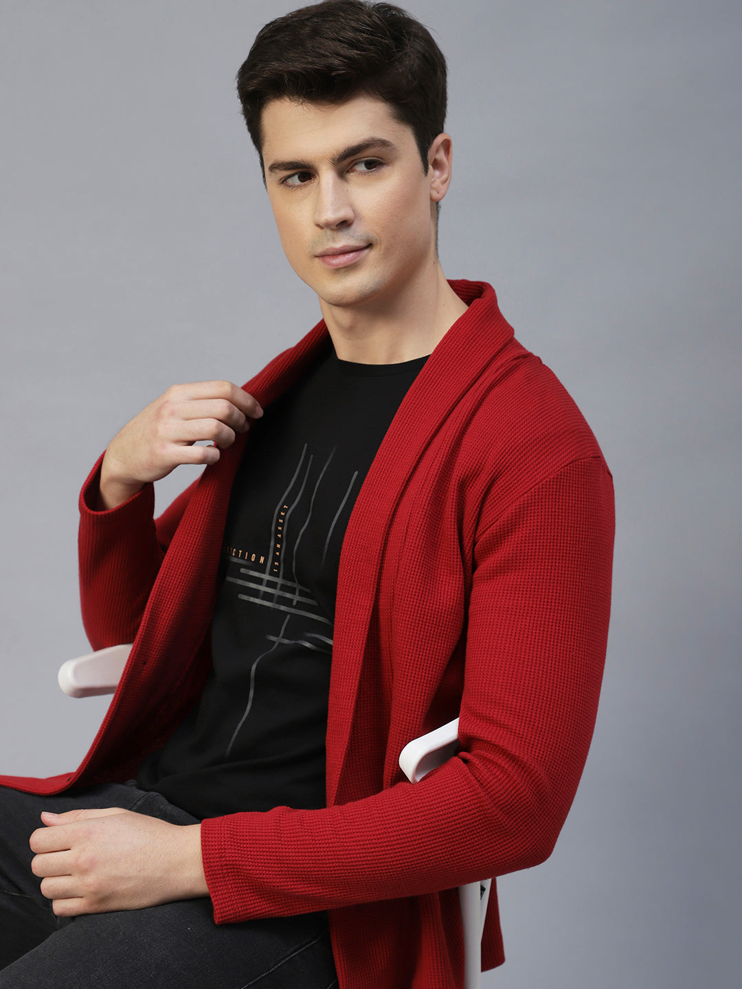 Rigo - Shawl Collar Waffle Knit Shrug