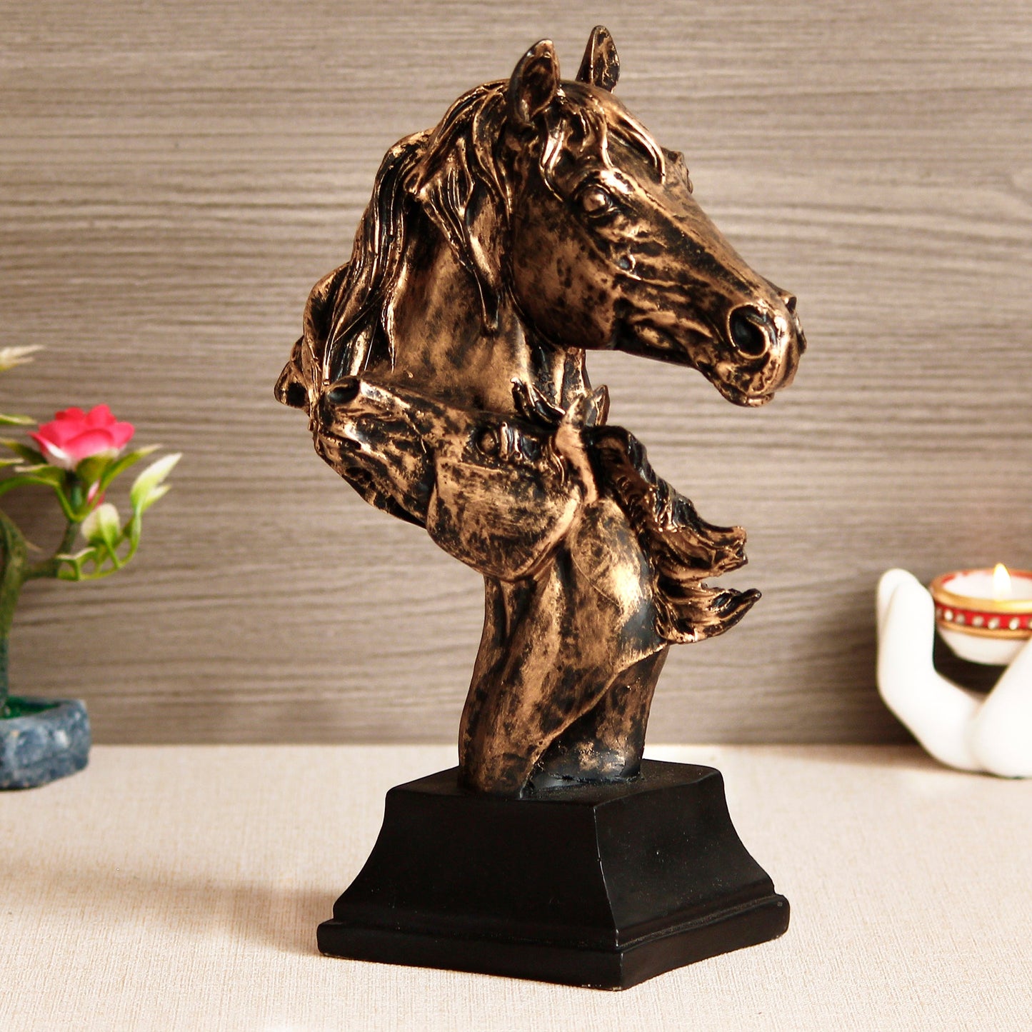 Golden and Black Polyresin Horse Couple Face Handcrafted Showpiece