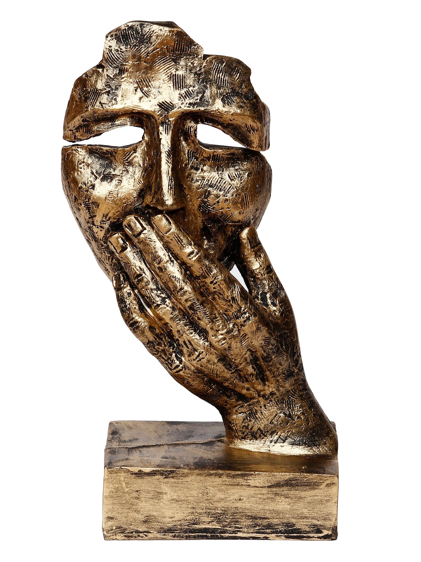 Polyresin Golden Human Face Statue Hand on Mouth Handcrafted Decorative Showpiece
