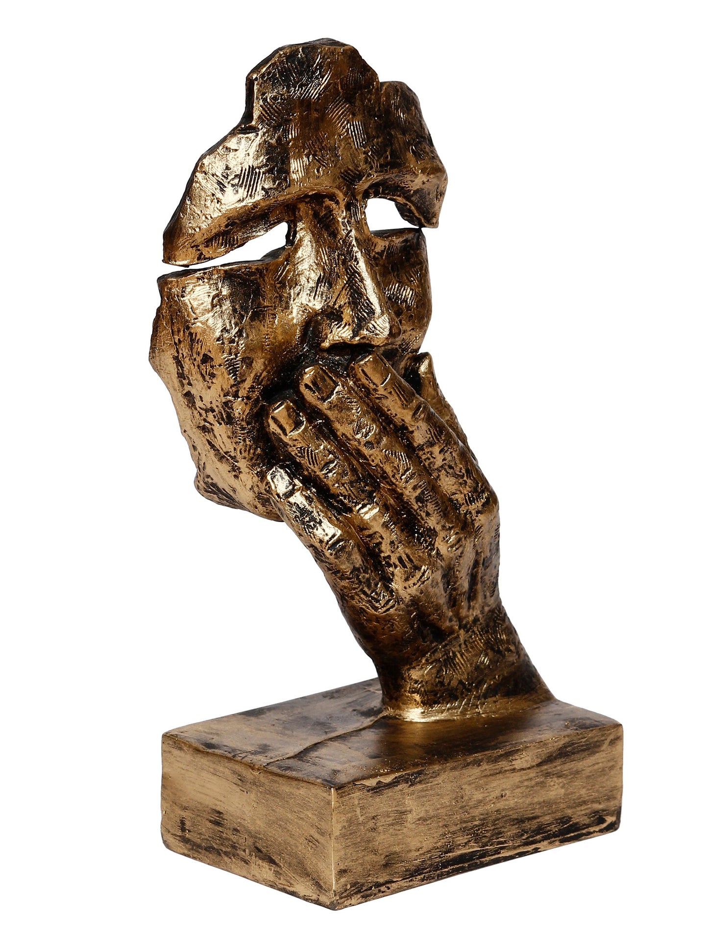Polyresin Golden Human Face Statue Hand on Mouth Handcrafted Decorative Showpiece