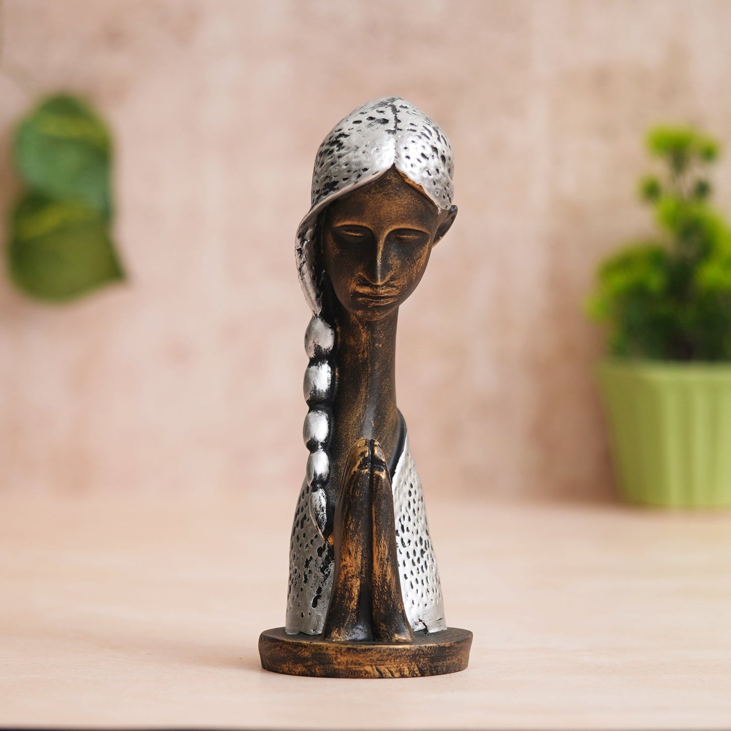 Shoppers Point India Silver and Brown Polyresin Handcrafted Women Praying Statue Human Figurine