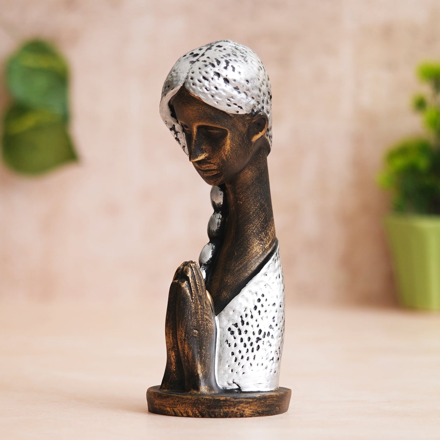 Shoppers Point India Silver and Brown Polyresin Handcrafted Women Praying Statue Human Figurine