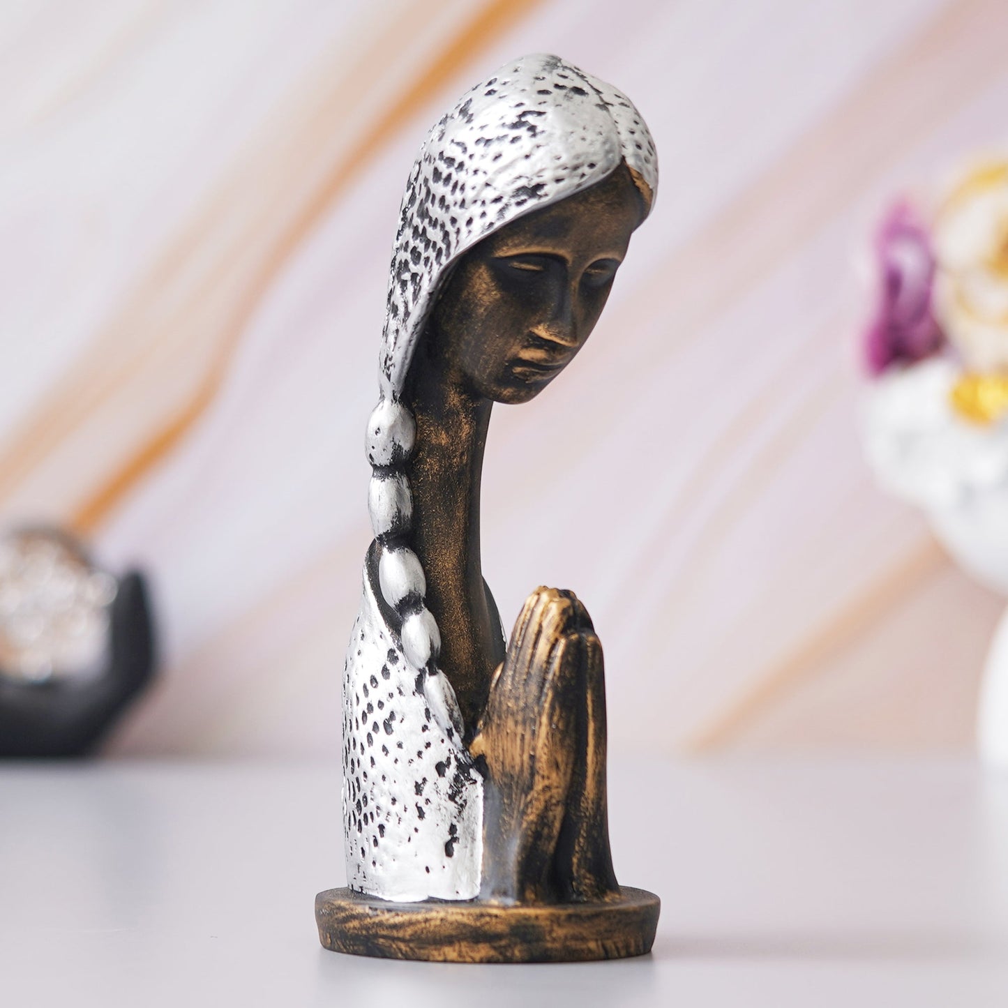 Shoppers Point India Silver and Brown Polyresin Handcrafted Women Praying Statue Human Figurine