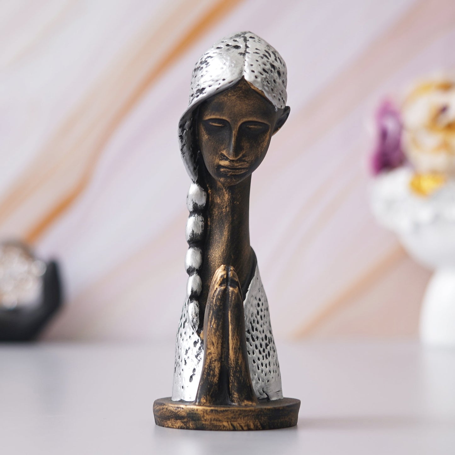 Shoppers Point India Silver and Brown Polyresin Handcrafted Women Praying Statue Human Figurine