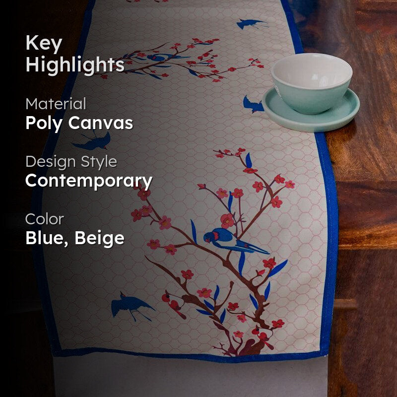 Spring Wonder Poly Canvas Table Runner | Blue Birds & Cherry Blossoms
