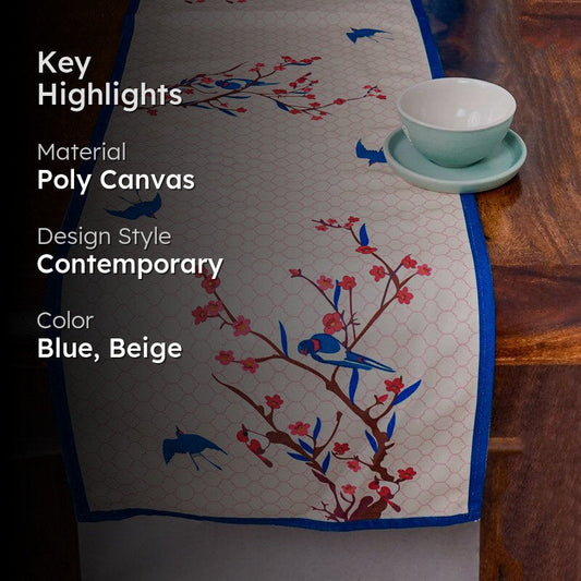 Spring Wonder Poly Canvas Table Runner | Blue Birds & Cherry Blossoms