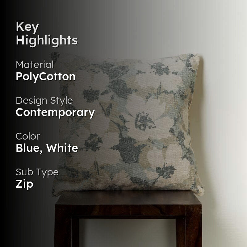 White Lotus Polycotton Cushion Cover | Floral Blue & White