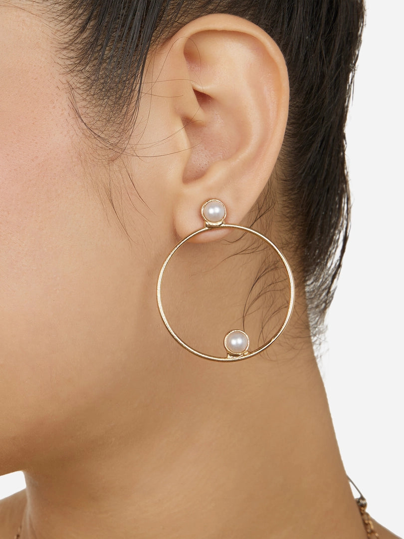 Women Gold Tone Pearls Embellished Contemporary Circular Studs Earring