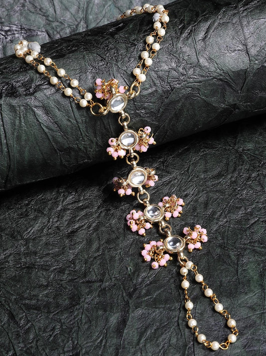 KARATCART - Karatcart Gold Plated Baby Pink Pearl Chain Kundan Hathphool