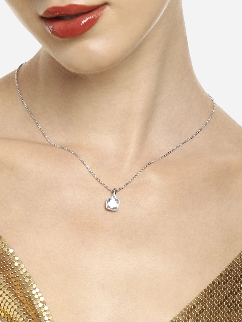 Women Silver Tone Contemporary Cubic Zirconia Brass Pendant & Chain
