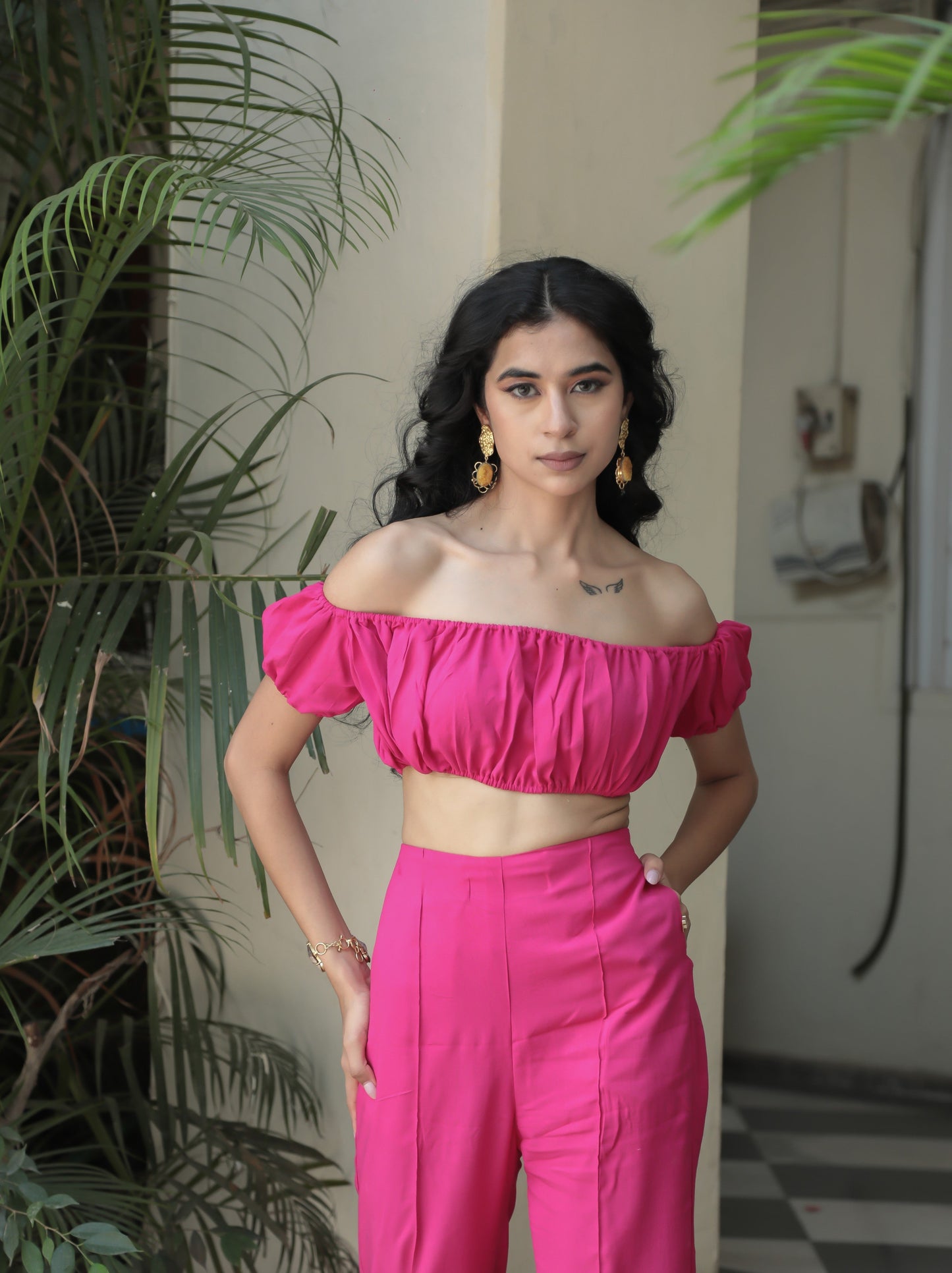 Hot Pink Gathered Overlapped Shirt Style Maxi Dress
