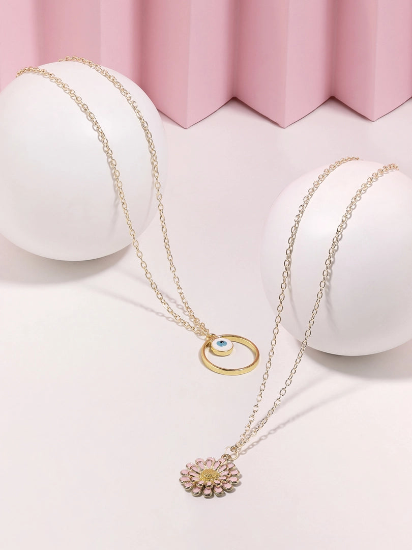 Women Combo of 2 Multicolor Enamelled Heart & Flower Contemporary Pendant & Chain