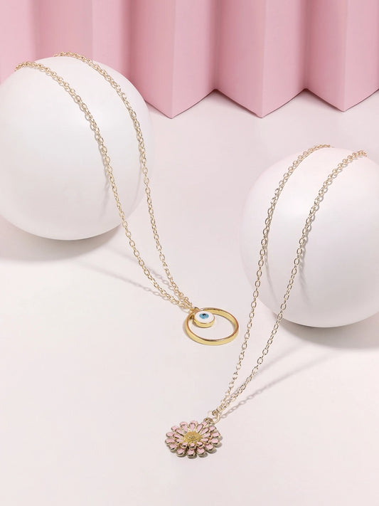 Women Combo of 2 Multicolor Enamelled Heart & Flower Contemporary Pendant & Chain