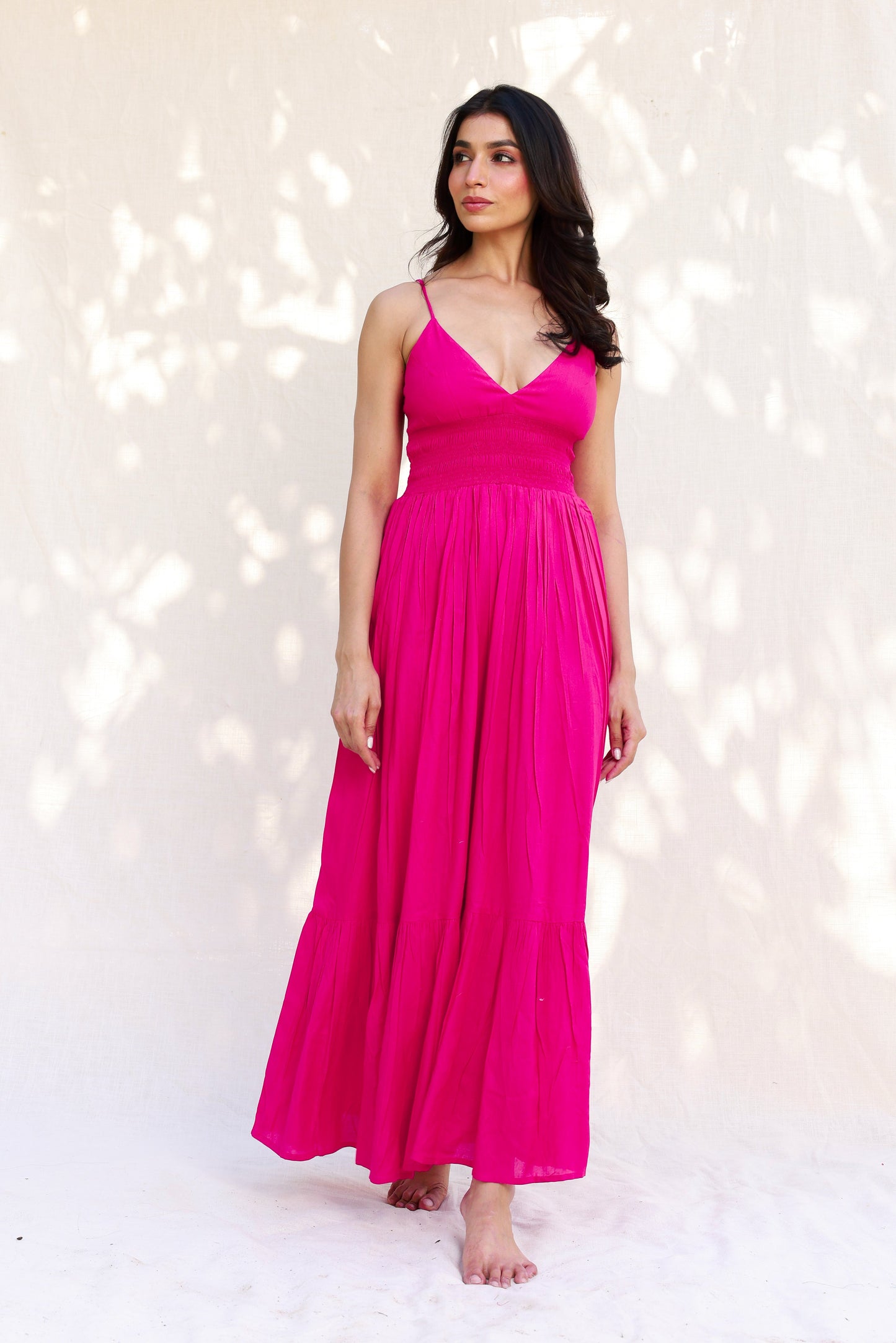 Hot pink waist smocking strappy maxi dress