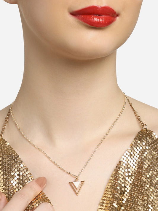 Women Off White Enamelled Contemporary Triangular Pendant & Chain