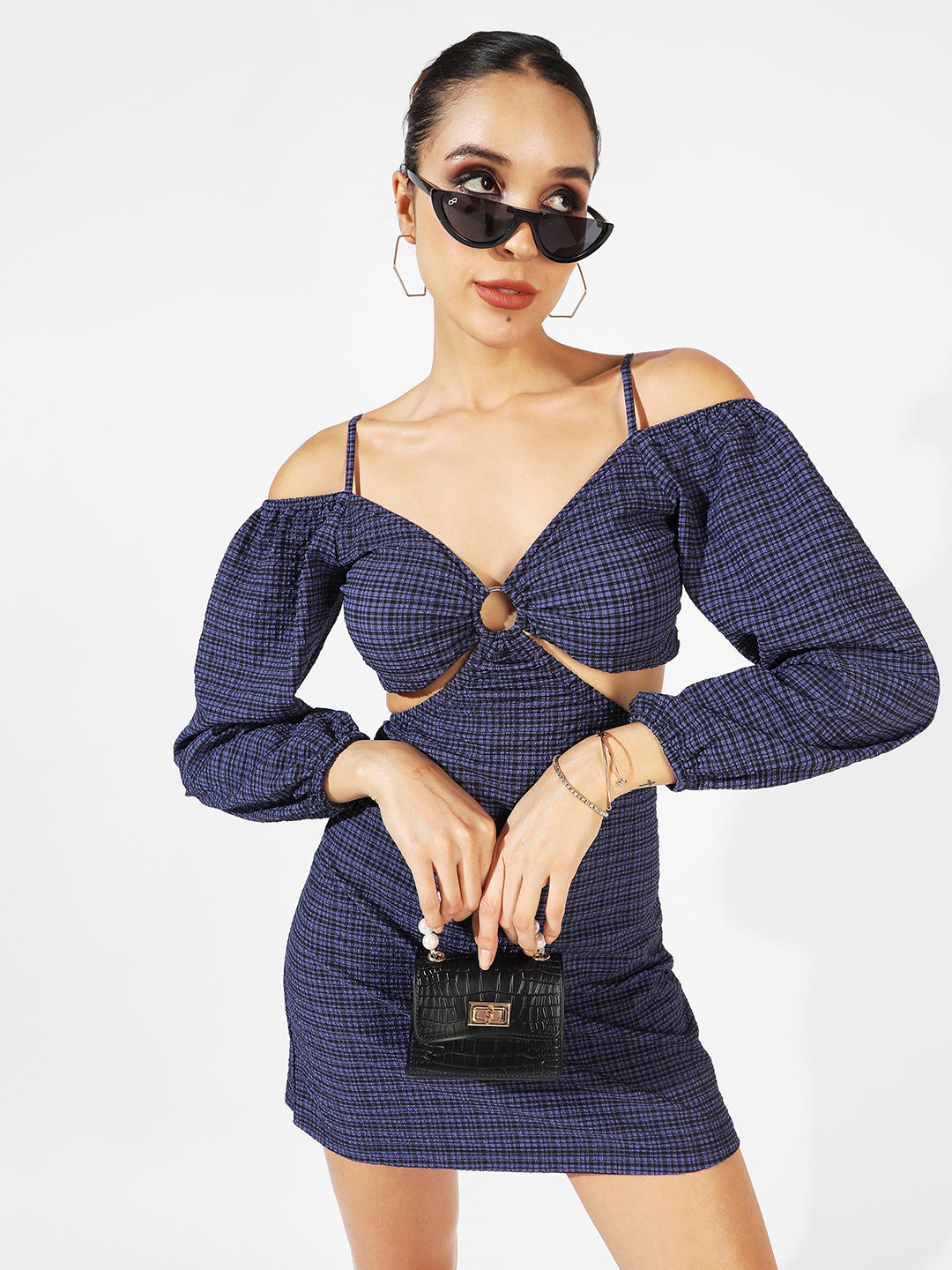 Midnight Blue Cutout Checkered Dress