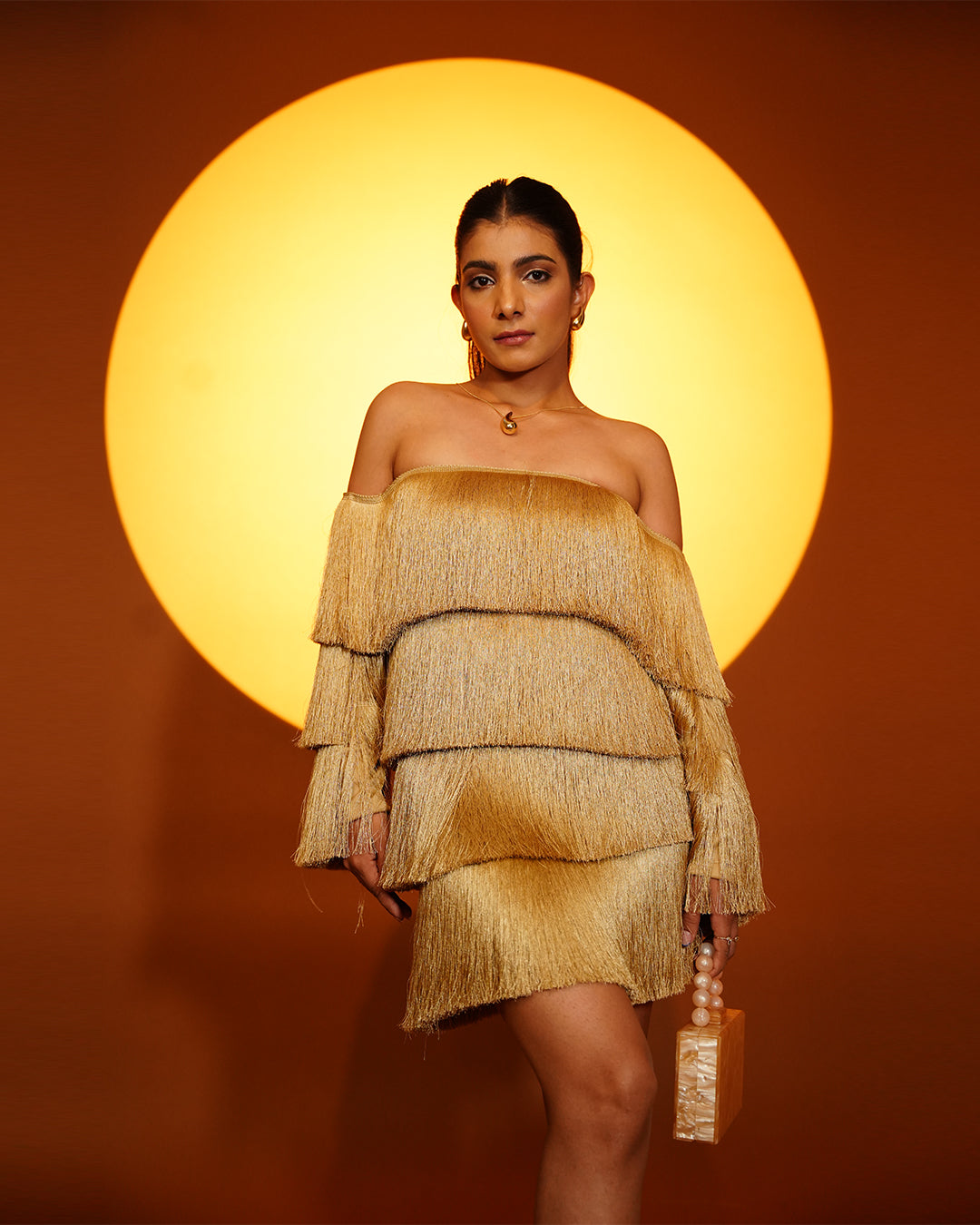 Beige fringe off shoulder dress