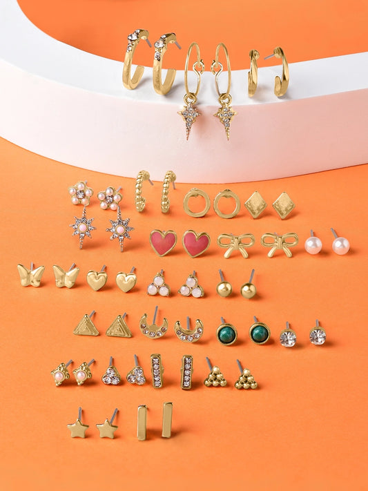 Women Combo of 25 Gold Tone Classy Contemporary Studs & Hoop Earrings