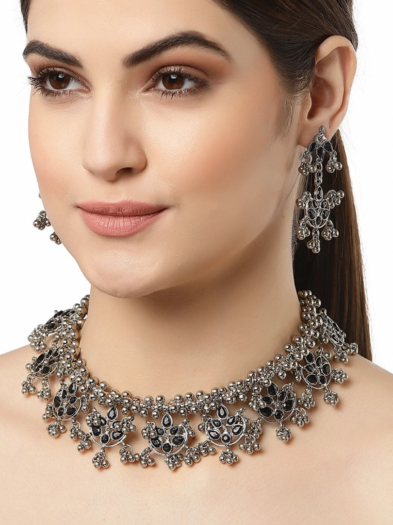 Karatcart Silver Tone Black Kundan and Tassel Ball Studded Choker Necklace Set for Women