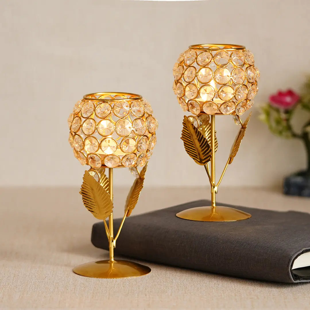 Candle Holder White Gold Crystal Festive Decor